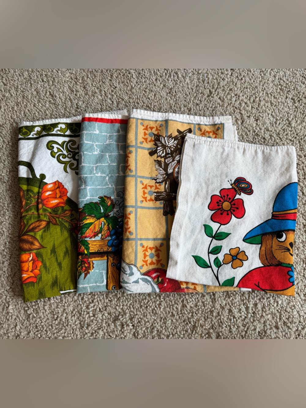 Vintage Floral & Character Printed Kitchen Towels - Lot of 4